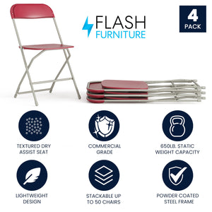 4 Pack Hercules Series Plastic Folding Chair - Red - 650LB Weight Capacity Comfortable Event Chair-Lightweight Folding Chair