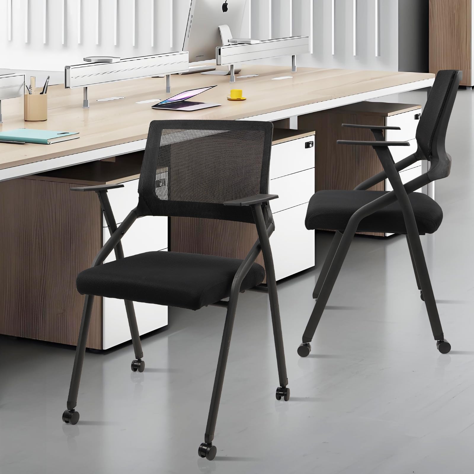 Black (2pk), Stackable Foldable Conference Room Chairs with Wheels, Portable Padded Office Desk Chair with Lumbar Support and Armrest for Training Room, Guest, Reception, Event