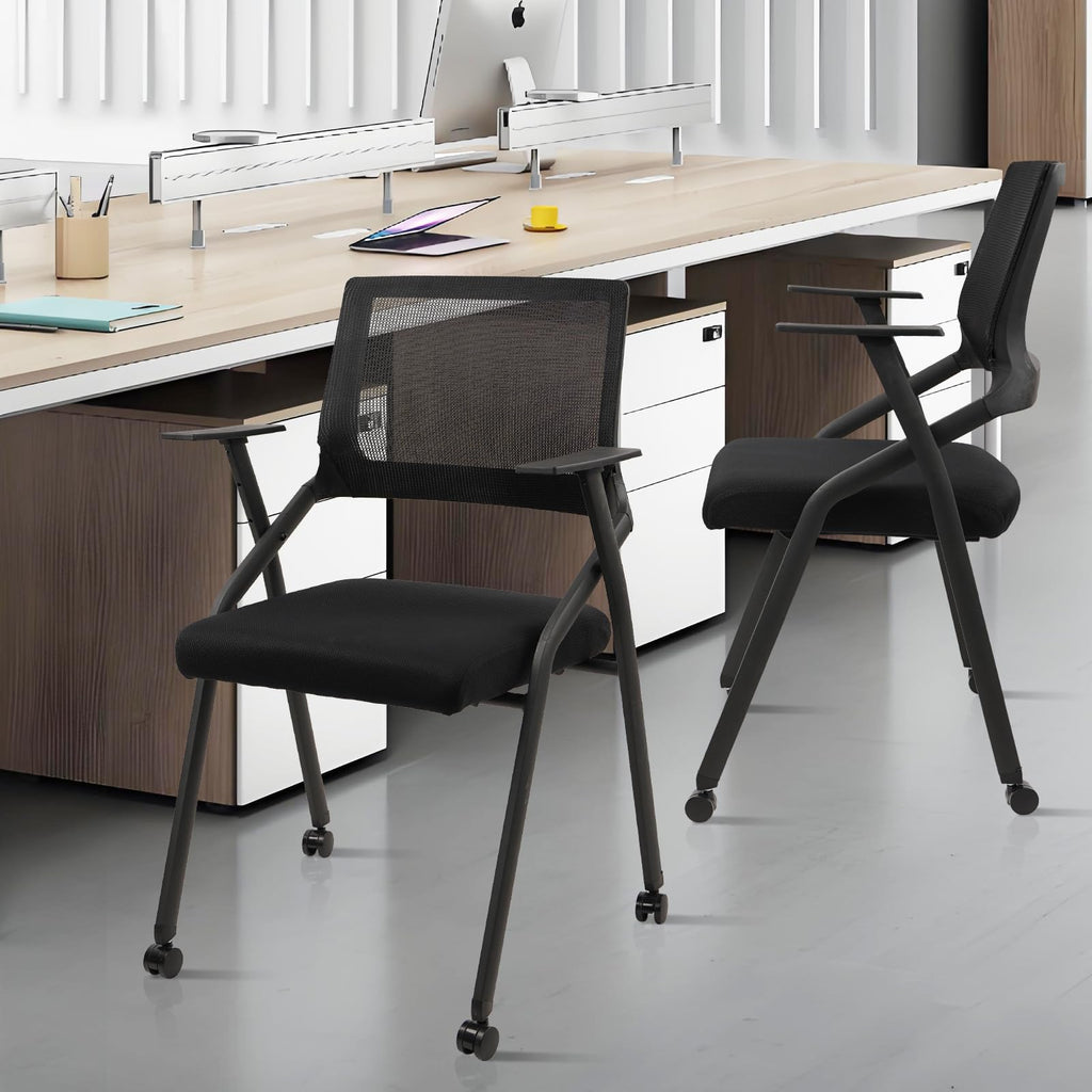 Black (2pk), Stackable Foldable Conference Room Chairs with Wheels, Portable Padded Office Desk Chair with Lumbar Support and Armrest for Training Room, Guest, Reception, Event