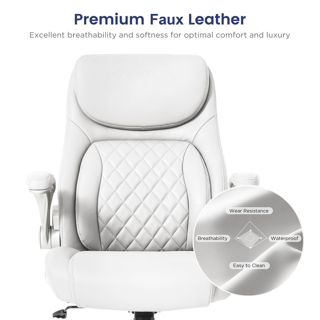Ergonomic Office Chair Premium Leather Adjustable Lumbar Support & Armrests, High Back Comfy Desk Gaming Chairs Executive Computer Swivel Chair Tilt Function(Posture,White)