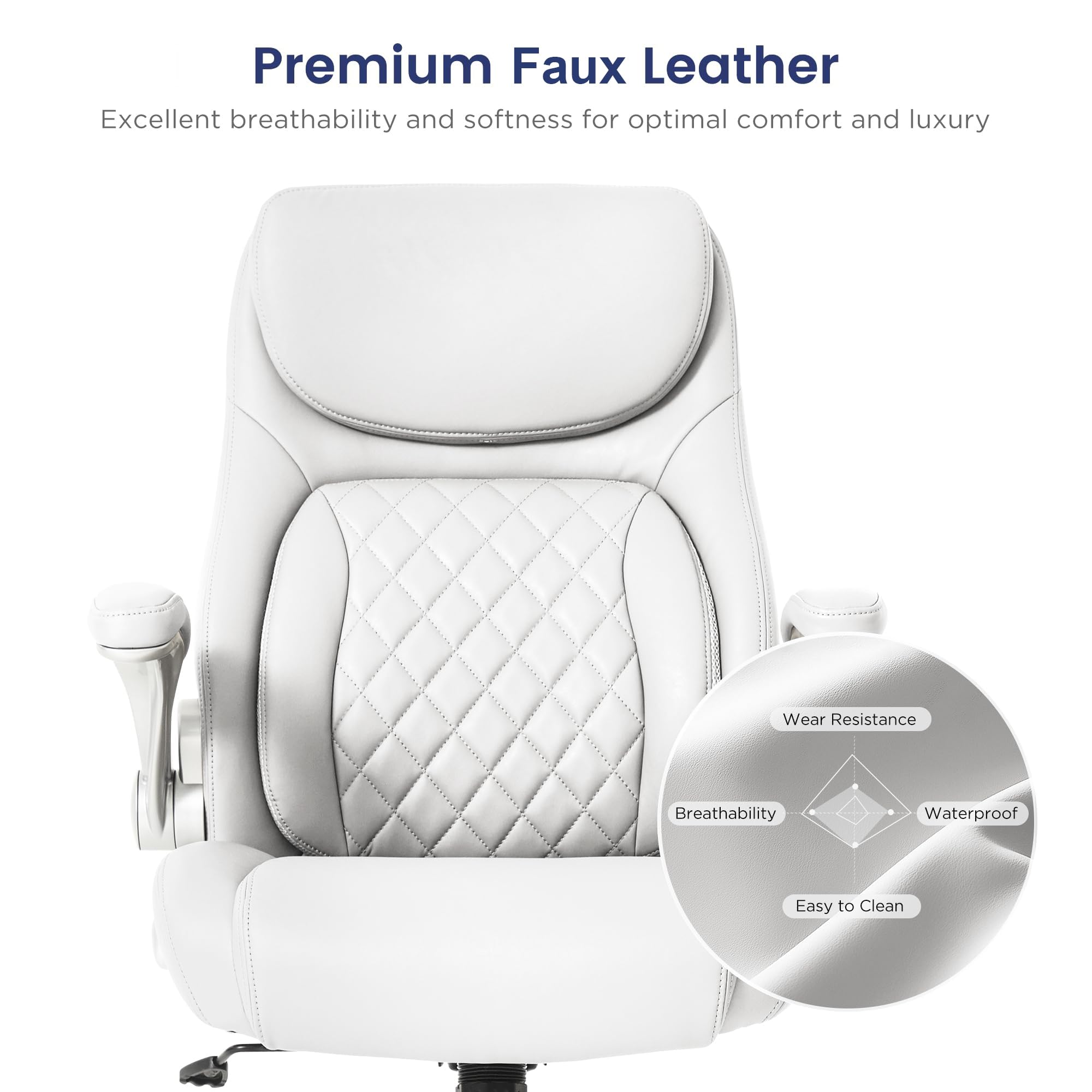 Ergonomic Office Chair Premium Leather Adjustable Lumbar Support & Armrests, High Back Comfy Desk Gaming Chairs Executive Computer Swivel Chair Tilt Function(Posture,White)