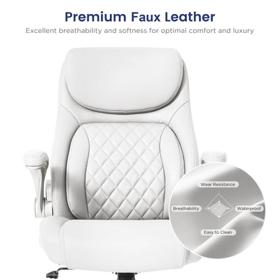 Ergonomic Office Chair Premium Leather Adjustable Lumbar Support & Armrests, High Back Comfy Desk Gaming Chairs Executive Computer Swivel Chair Tilt Function(Posture,White)