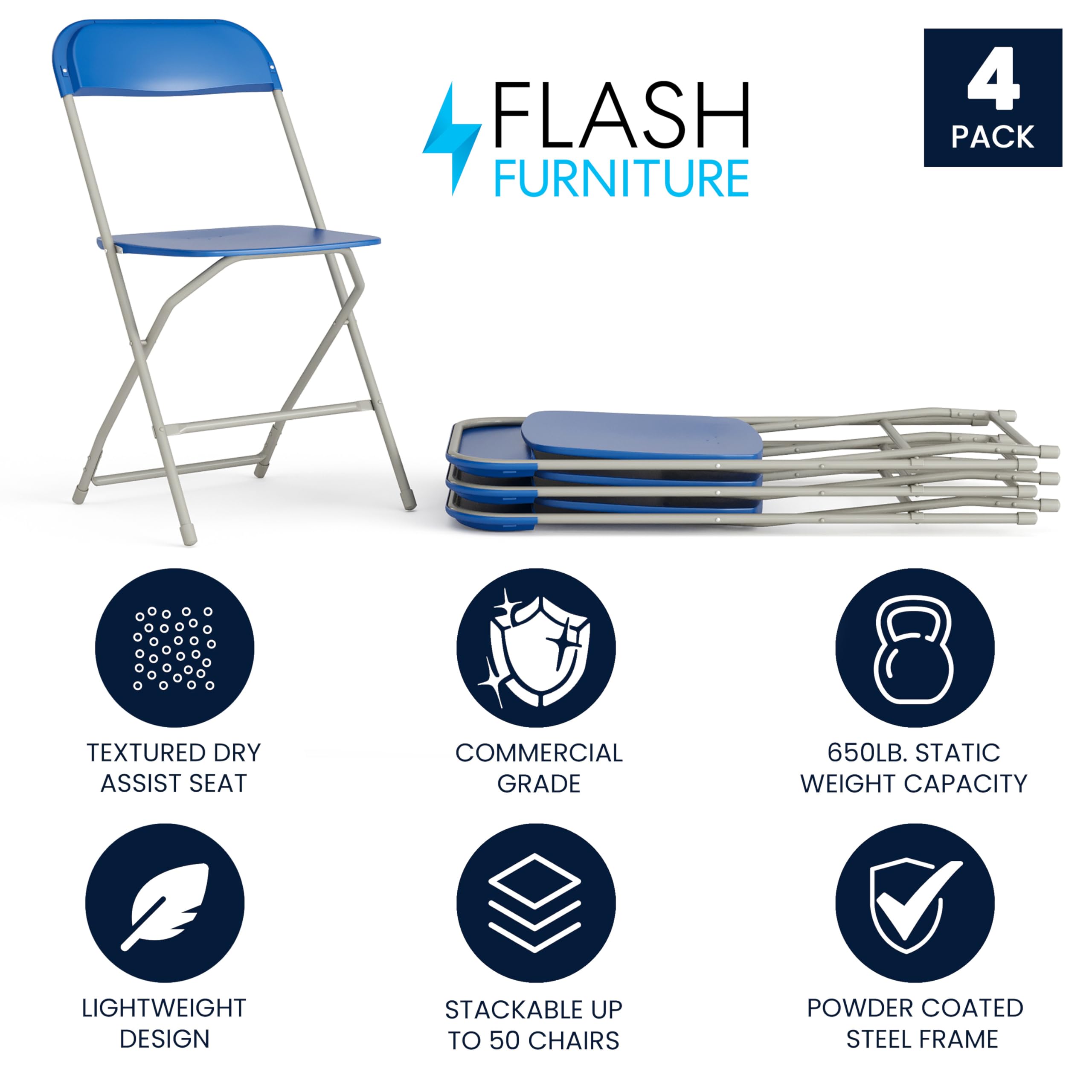 4 Pack Hercules Series Plastic Folding Chair - Blue -  650LB Weight Capacity Comfortable Event Chair-Lightweight Folding Chair