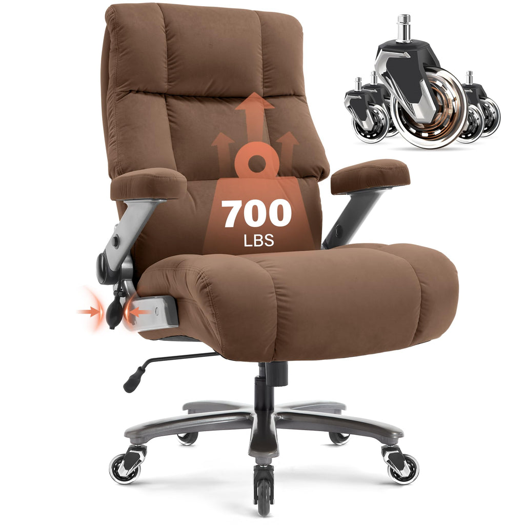 Big and Tall Office Chair 700lbs- Fabric Executive Desk Chair with Adjustable Lumbar Support 3D Flip UP Arms- Heavy Duty Quiet Wheels Metal Base Ultra-Soft Upholstered Ergonomic Computer Chairs, Brown