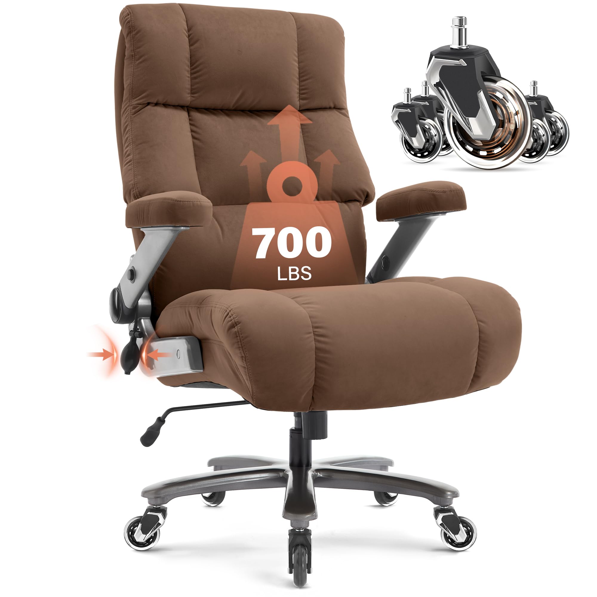 Big and Tall Office Chair 700lbs- Fabric Executive Desk Chair with Adjustable Lumbar Support 3D Flip UP Arms- Heavy Duty Quiet Wheels Metal Base Ultra-Soft Upholstered Ergonomic Computer Chairs, Brown