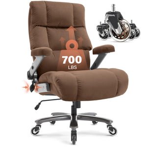 Big and Tall Office Chair 700lbs- Fabric Executive Desk Chair with Adjustable Lumbar Support 3D Flip UP Arms- Heavy Duty Quiet Wheels Metal Base Ultra-Soft Upholstered Ergonomic Computer Chairs, Brown