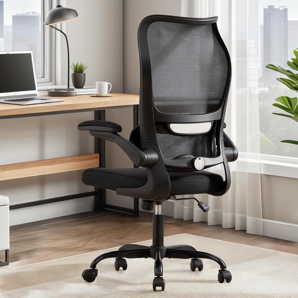 Ergonomic Office Chair with Adjustable Lumbar Support, Mesh Back, Flip-Up Arms, Rocking Mode with Tension Control, 300 lbs Weight Capacity, Black and White (Black)