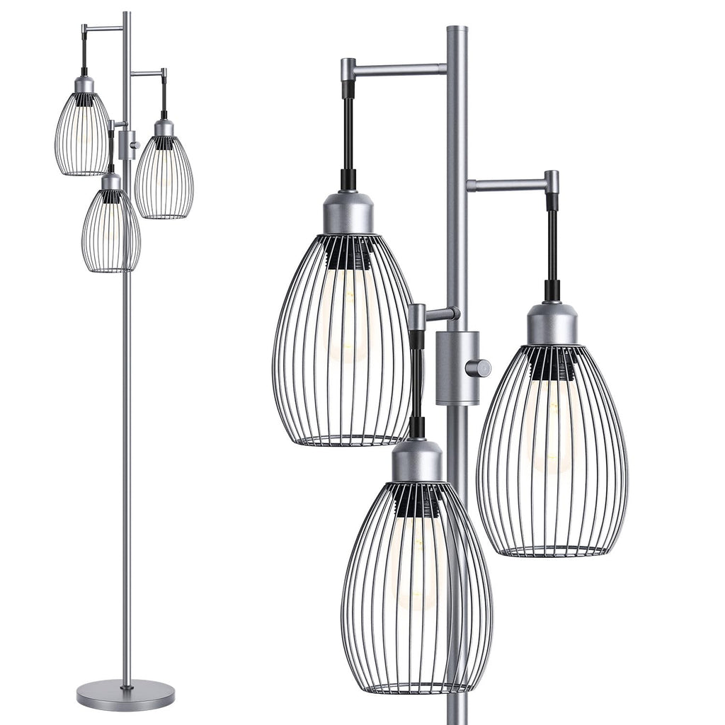 Dimmable Floor Lamp, 3 x 800LM LED Edison Bulbs Included, Industrial Floor Lamp Standing Tree Lamp with Elegant Teardrop Cage Heads Tall Lamps for Living Room Bedroom-Grey