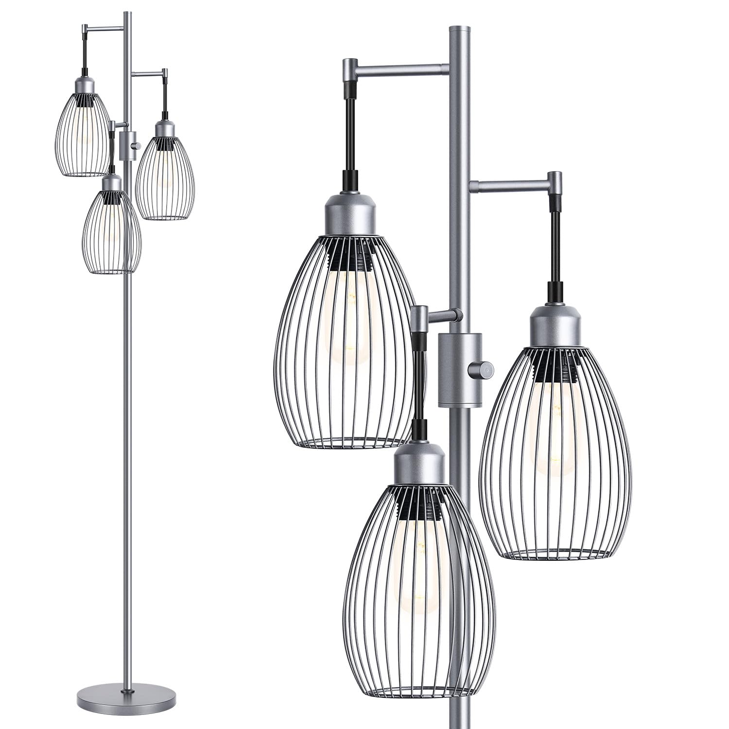 Dimmable Floor Lamp, 3 x 800LM LED Edison Bulbs Included, Industrial Floor Lamp Standing Tree Lamp with Elegant Teardrop Cage Heads Tall Lamps for Living Room Bedroom-Grey