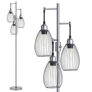 Dimmable Floor Lamp, 3 x 800LM LED Edison Bulbs Included, Industrial Floor Lamp Standing Tree Lamp with Elegant Teardrop Cage Heads Tall Lamps for Living Room Bedroom-Grey