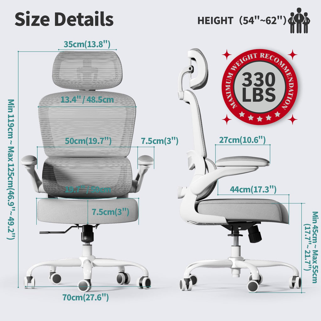 Office Chair Ergonomic Desk Chair, 330 LBS Home Mesh Office Desk Chairs with Wheels, Comfortable Gaming Chairs (Light Grey)