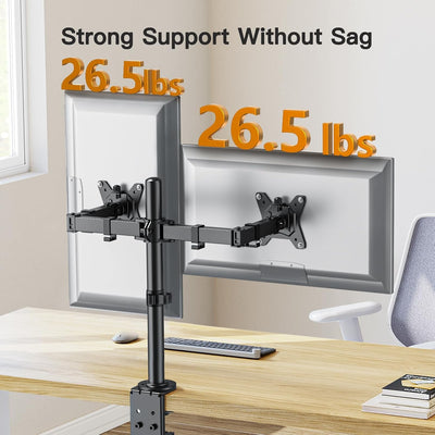 Dual Monitor Desk Mount for 13″–34″ Monitors up to 26.5 lbs, Fully Adjustable Monitor Stand Holds 2 Computer Screens, Heavy-Duty Dual Monitor Arm with C-Clamp & Grommet Base, Black, EGCM13B