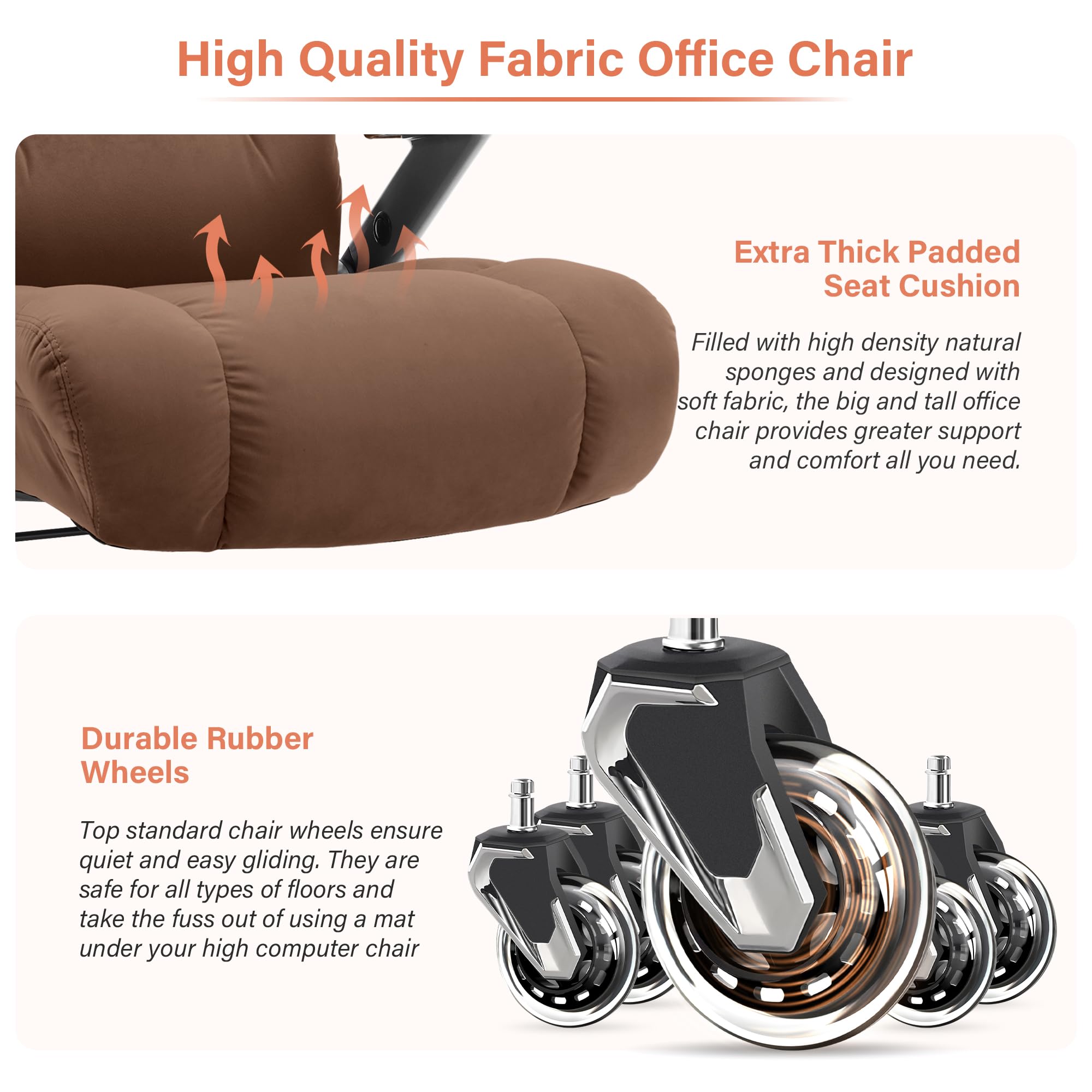 Big and Tall Office Chair 700lbs- Fabric Executive Desk Chair with Adjustable Lumbar Support 3D Flip UP Arms- Heavy Duty Quiet Wheels Metal Base Ultra-Soft Upholstered Ergonomic Computer Chairs, Brown