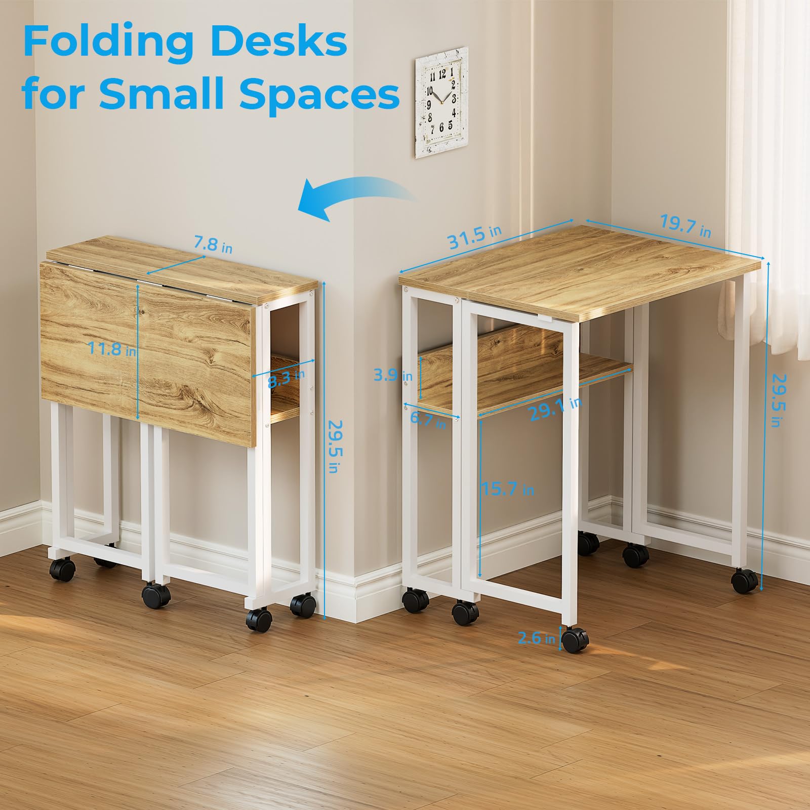 Folding Desk with Wheels, 31.5 Inch Compact Rolling Computer Table with Storage Shelf, Portable Mobile Workstation for Small Spaces, Easy Assembly, Oak