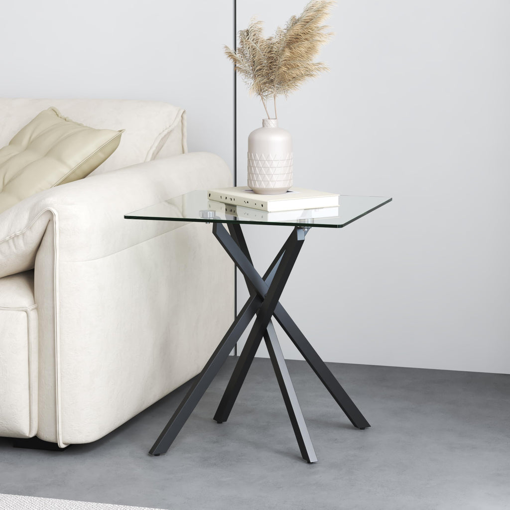 Small Side Coffee Table with Metal Legs, Tempered Glass Square Modern End Table for Living Room Sofa Home Office (1, Black, 20"×20"×22")