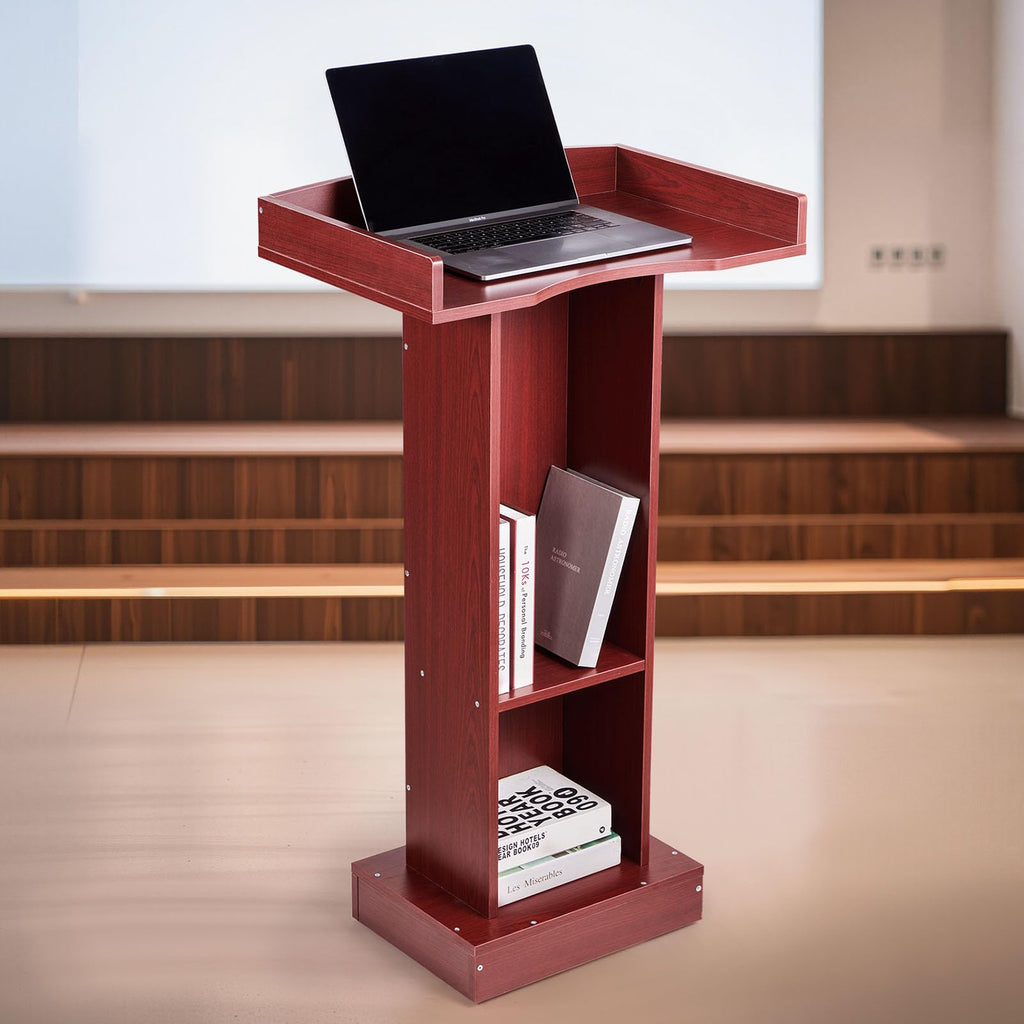 Podium Stand, 41-Inch Wooden Lectern, Laptop Desk with Wide Reading Surface and Storage Shelf, Edge Stopper, Elegant Design, Flool-Standing, for Classroom, Conference, Church, and Presentation