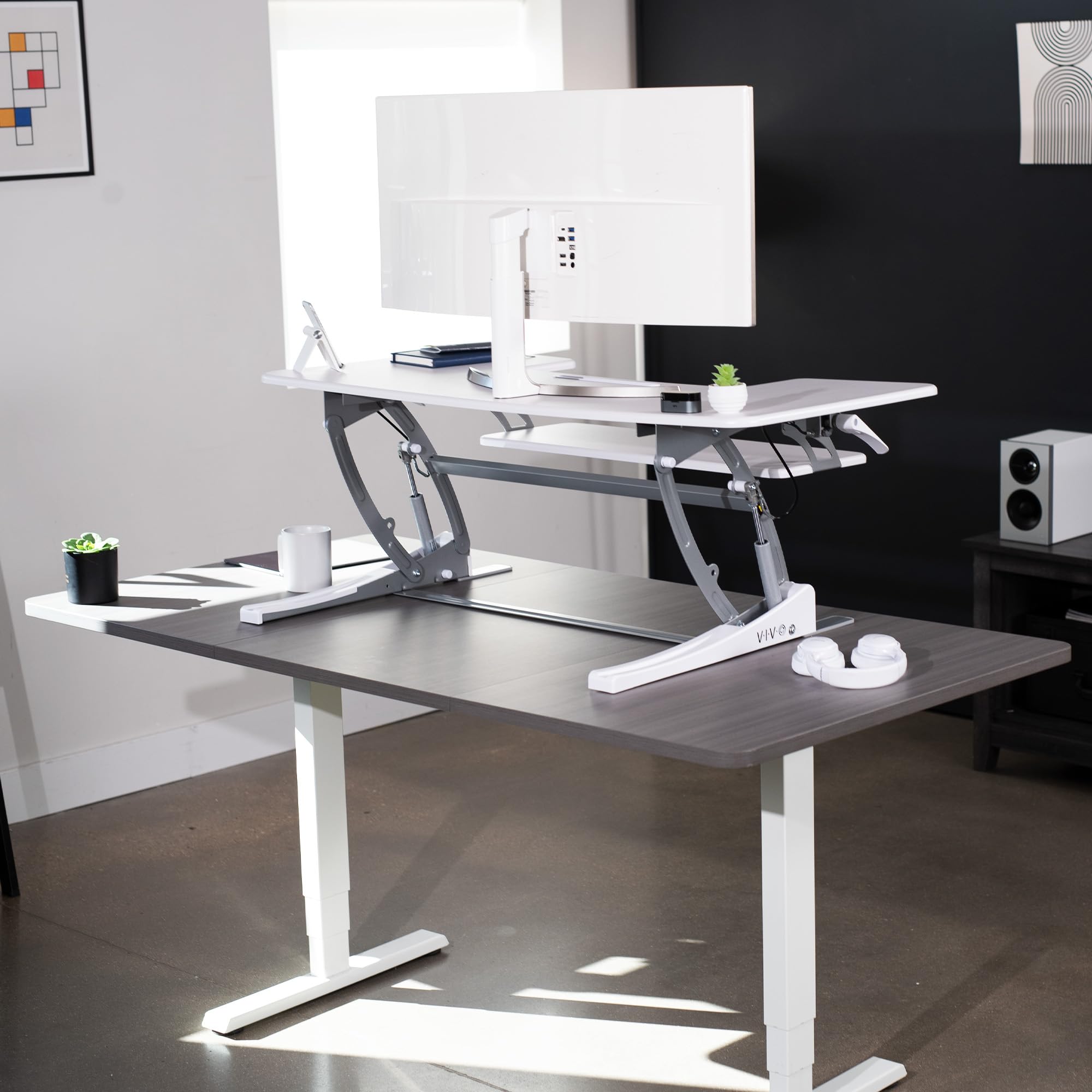 48 inch Height Adjustable Large Stand Up Desk Converter, V Series, Quick Sit to Stand Tabletop Dual Monitor Riser Workstation, White, DESK-V048VW
