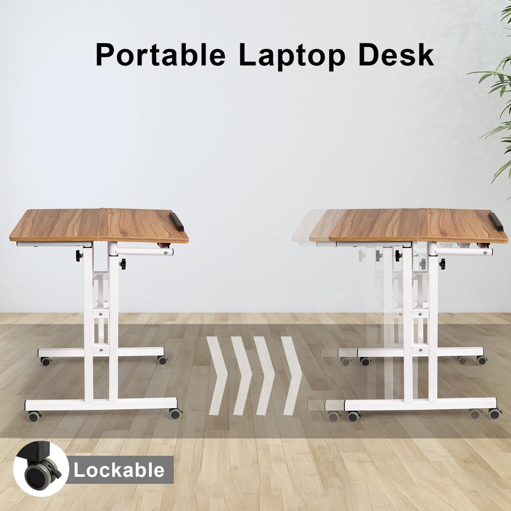 Mobile Standing Desk with Charging Station, Adjustable Standing Computer Desk, Standing Adjustable Laptop Cart with Wheels for Home Office Classroom Vintage Oak