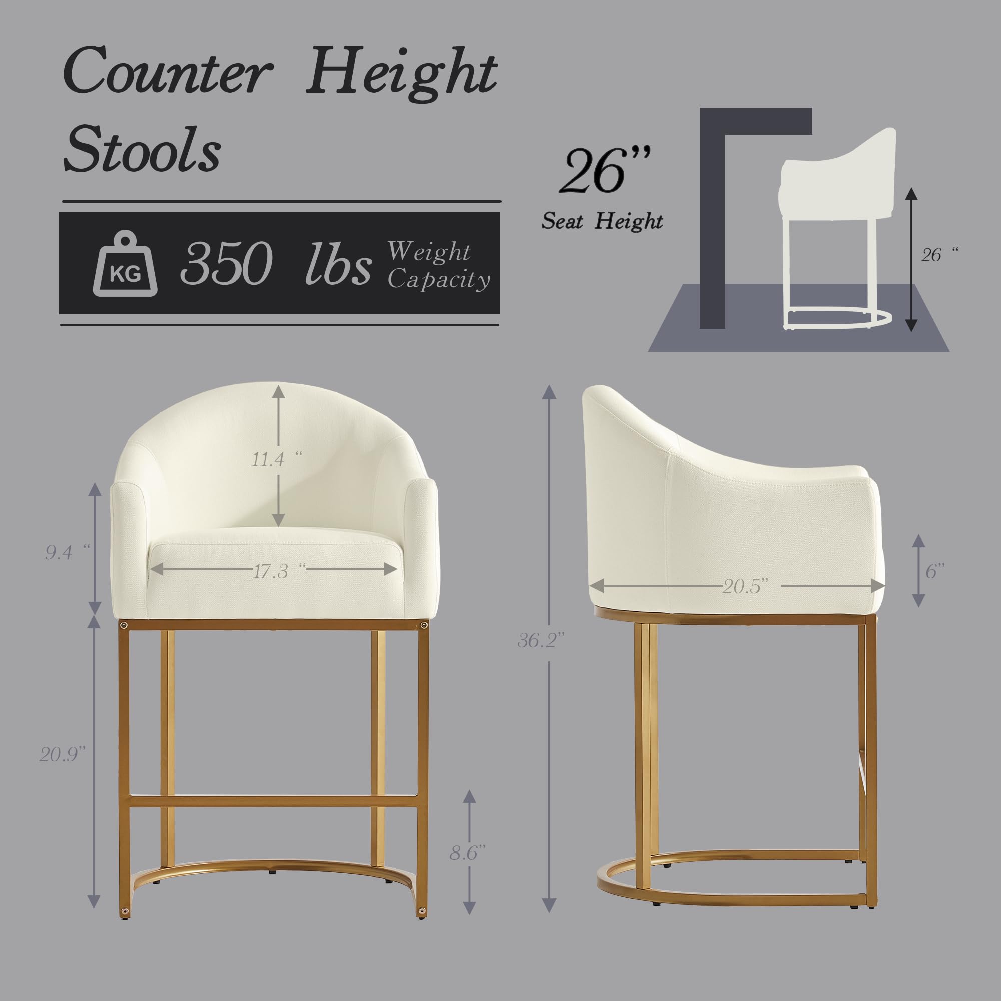26" Modern Counter Height Bar Stools,Barstools with Arms,Kitchen Island Chairs,Fabric Upholstered Barrel Bar Stools with Backs,Metal Gold Frames,Off White Linen