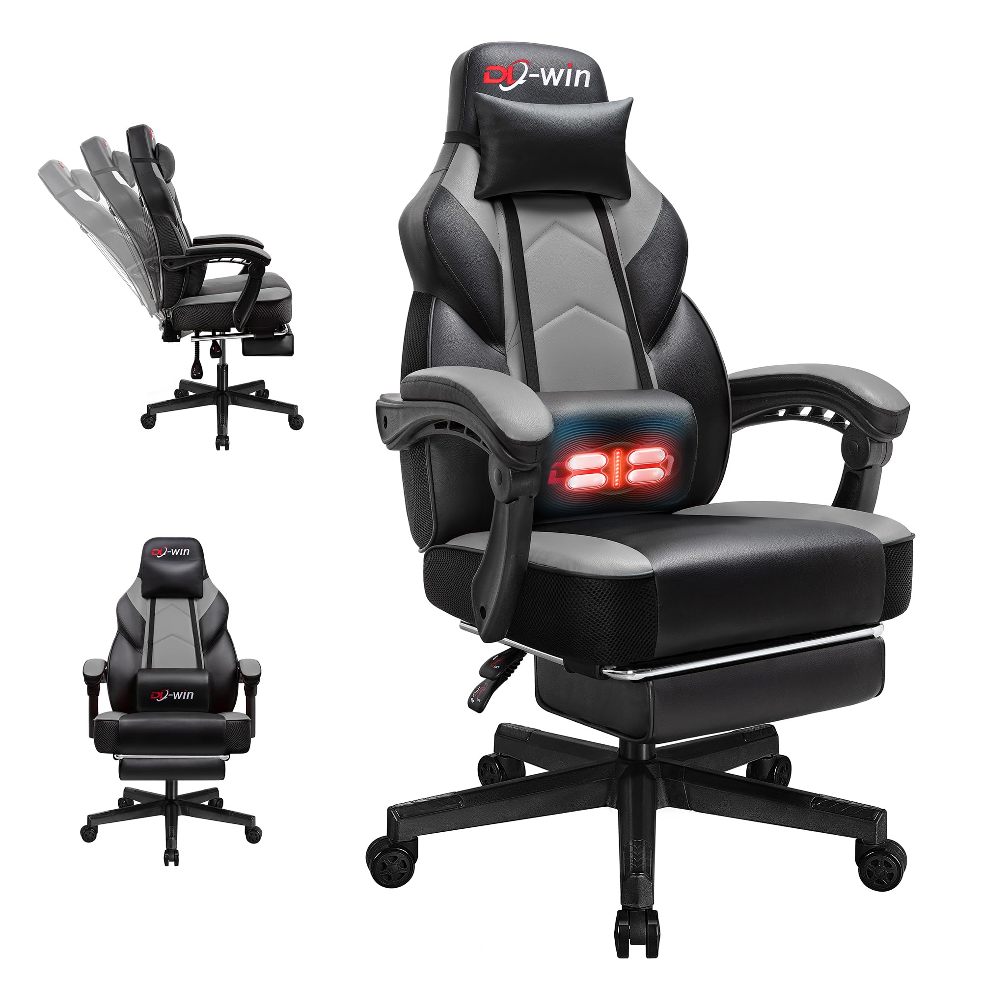 Gaming Chairs for Adults, Computer Chair with Footrest and High Back, Big and Tall Gamer Chair's with Massage Lumbar Support, 360° Swivel Height Adjustable Gaming Chair, Grey
