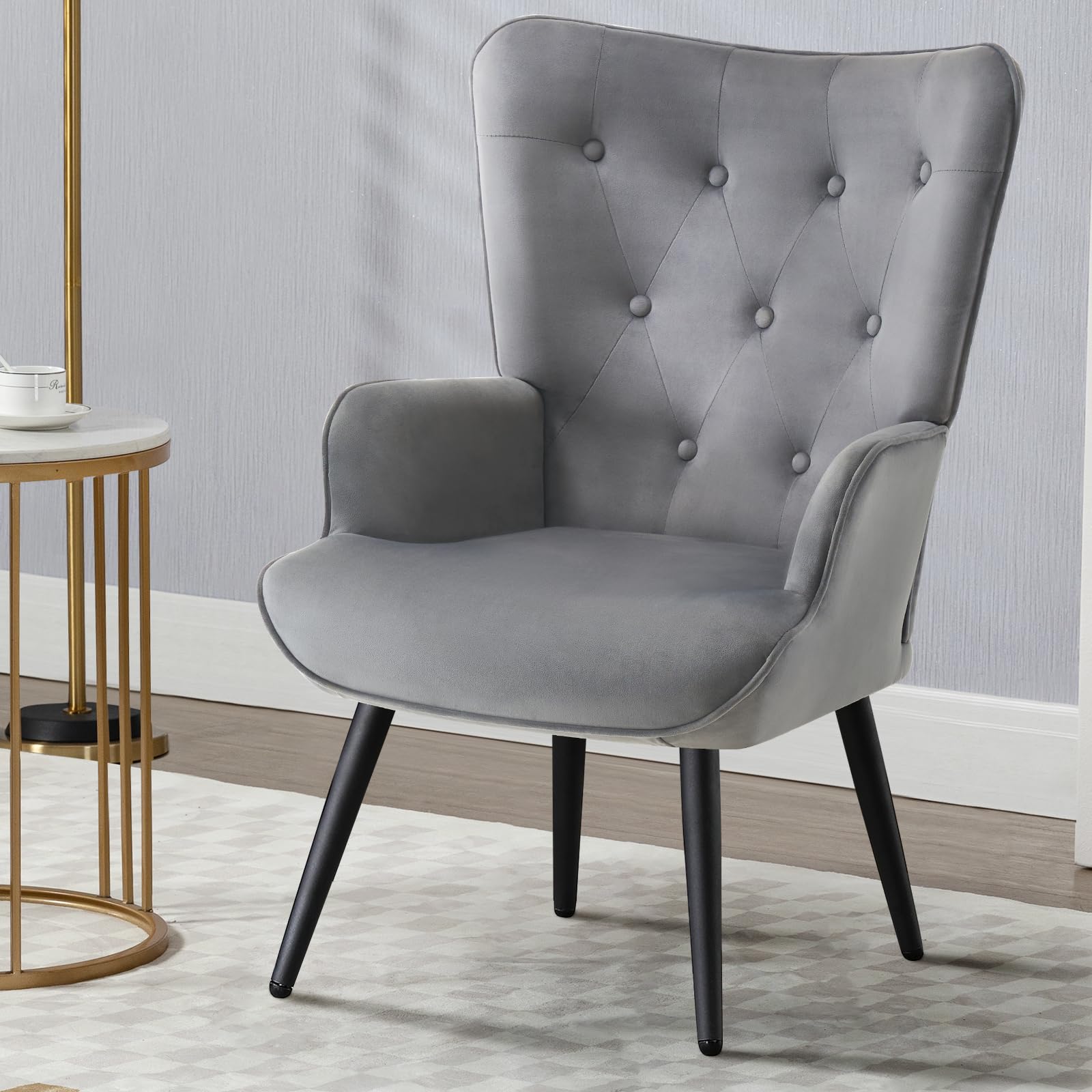 Velvet Accent Chair for Living Room, Upholstered Reading Chair with High Backrest, Tufted-Button Wingback Armchair for Bedroom, Dressing Room, Home Office, Light Grey, Set of 2