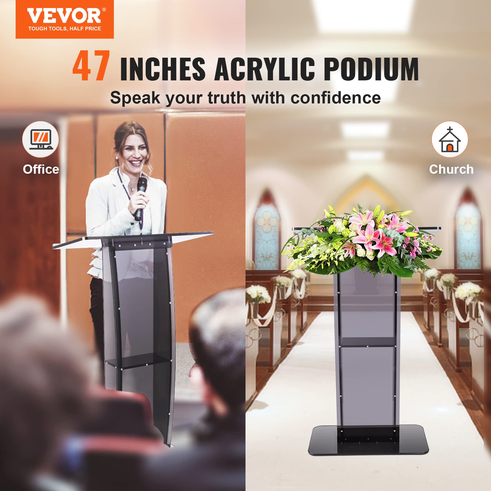 Acrylic Podium, 47" Acrylic Podium Stand with Wide Reading Surface & Storage Shelf, Floor-Standing Clear Pulpits Acrylic for Church Office School, Black