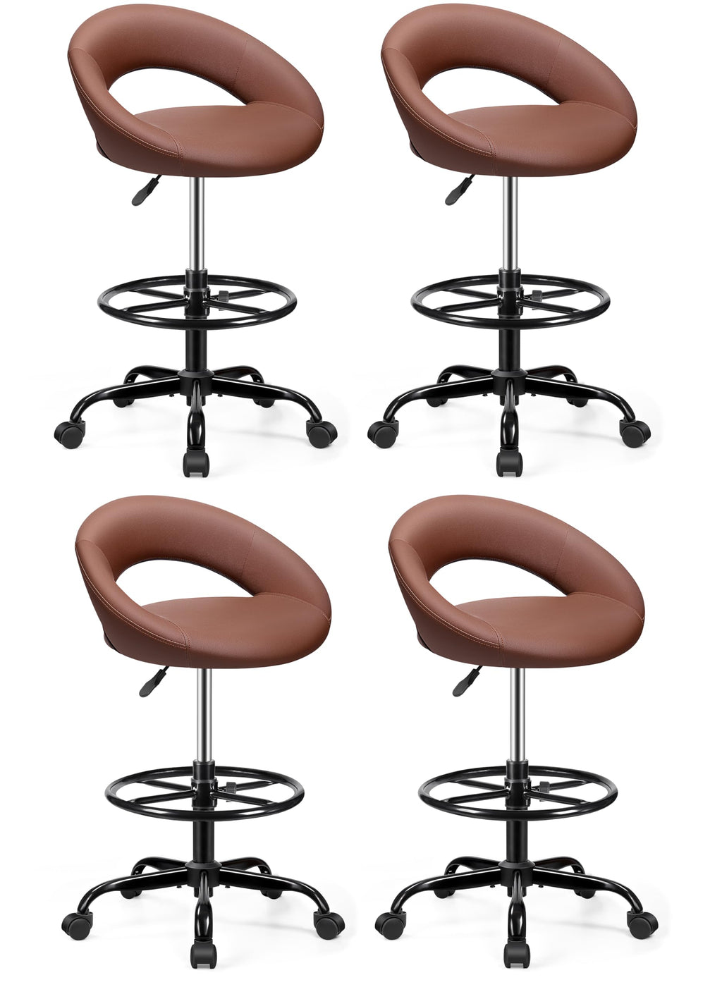 Brown 4 Pack, Drafting Chair with Back, Height Adjustable Rolling Stool with Foot Rest, Tall 360° Swivel Stool PU Leather Chair with Wheels for Home Office, Standing Desk