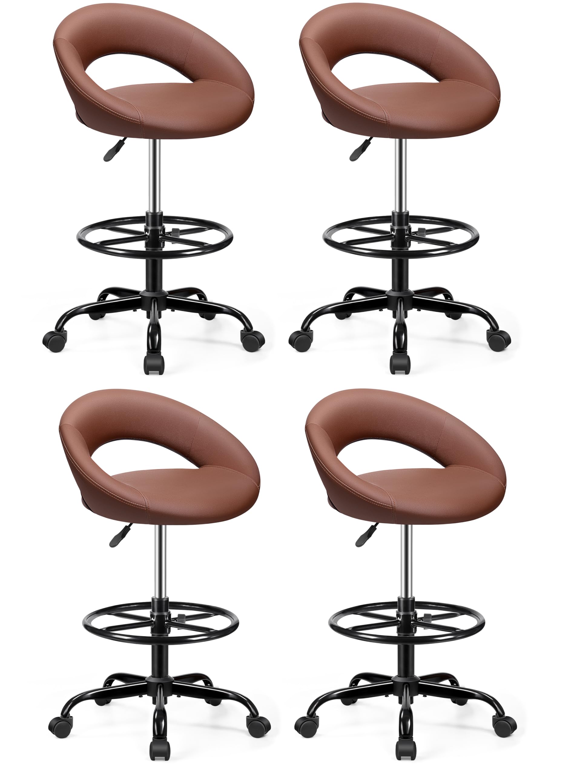 Brown 4 Pack, Drafting Chair with Back, Height Adjustable Rolling Stool with Foot Rest, Tall 360° Swivel Stool PU Leather Chair with Wheels for Home Office, Standing Desk
