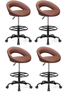 Brown 4 Pack, Drafting Chair with Back, Height Adjustable Rolling Stool with Foot Rest, Tall 360° Swivel Stool PU Leather Chair with Wheels for Home Office, Standing Desk