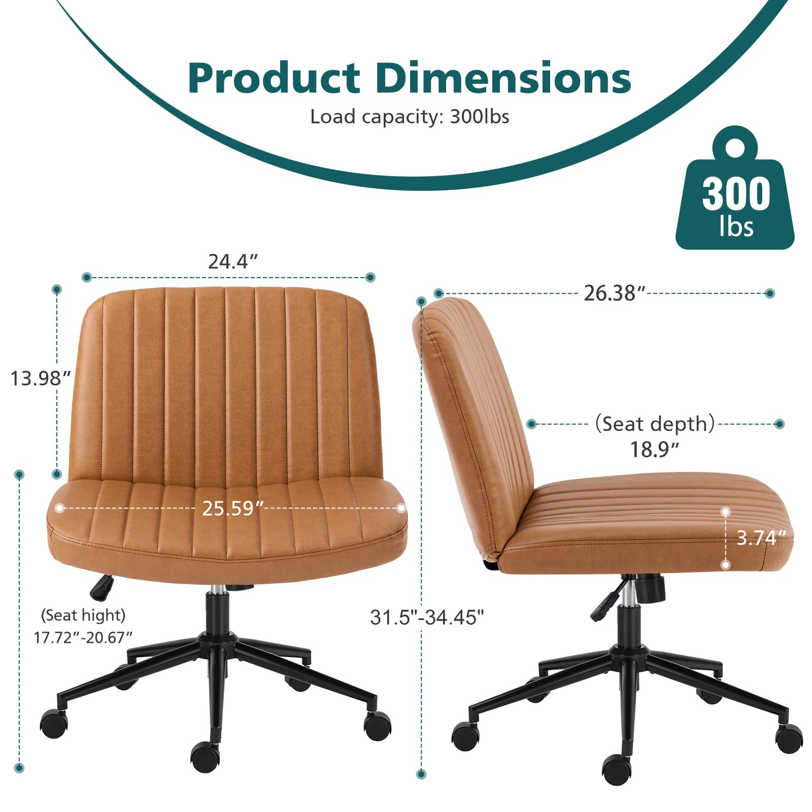 Criss Cross Chair with Wheels Wide Cross Legged Office Desk Vanity Chair Comfy Fabric Armless Adjustable Swivel for Home Computer Task PU Brown