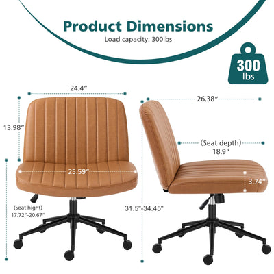 Criss Cross Chair with Wheels Wide Cross Legged Office Desk Vanity Chair Comfy Fabric Armless Adjustable Swivel for Home Computer Task PU Brown