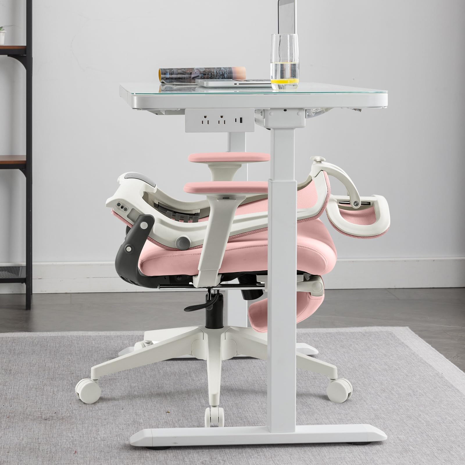 Foldable Office Chair with Foot Rest, Ergonomic Office Chair with Adjustable Lumbar Support, Headrest, Armrest, Home Office Desk Chair for Space Saving, Work from Home, Pink