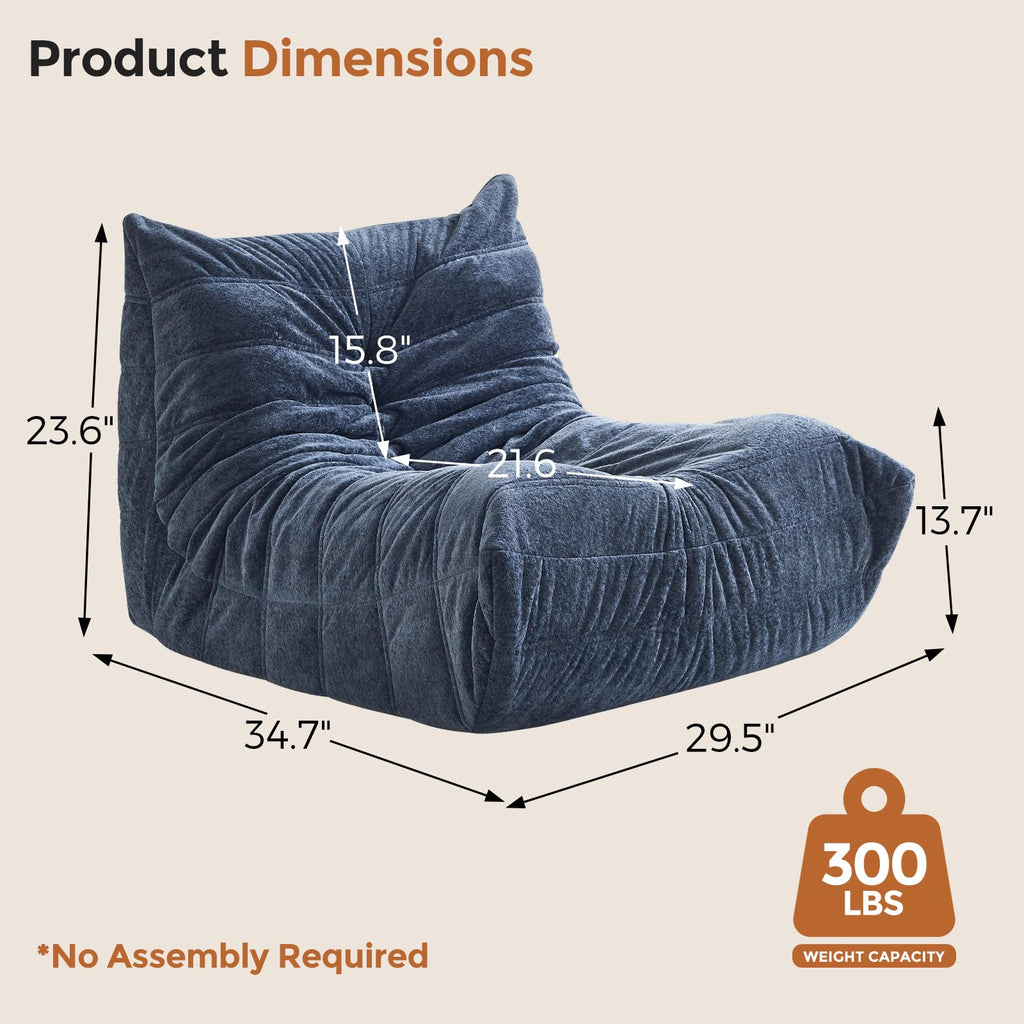 Bean Bag Chairs for Adults, Giant Bean Bag Chair, Memory Foam Beanbag Chair, One-Piece Foam Padding, Bean Bag Sofa for Living Room, Dorms, Apartments, Reading Corner (Blue Grey Plush)