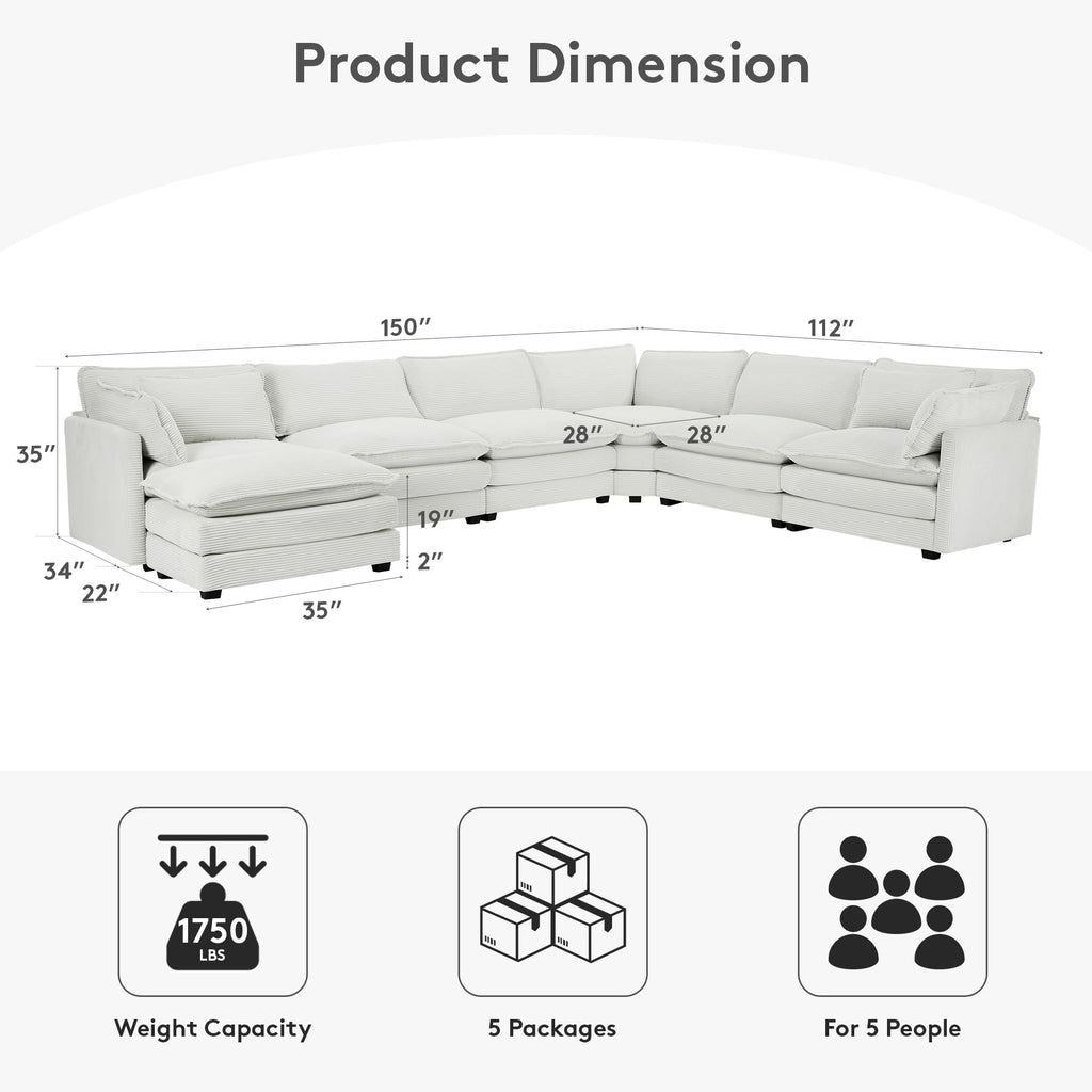 150'' Modular Sectional Corner Cloud Couch, 7 Seater Sofa Big Comfy Corduroy V Shaped Couch with 4 Throw Pillows, Movable Ottoman, Couches for Living Room Office Light Grey