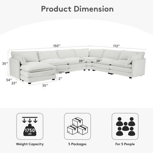 150'' Modular Sectional Corner Cloud Couch, 7 Seater Sofa Big Comfy Corduroy V Shaped Couch with 4 Throw Pillows, Movable Ottoman, Couches for Living Room Office Light Grey