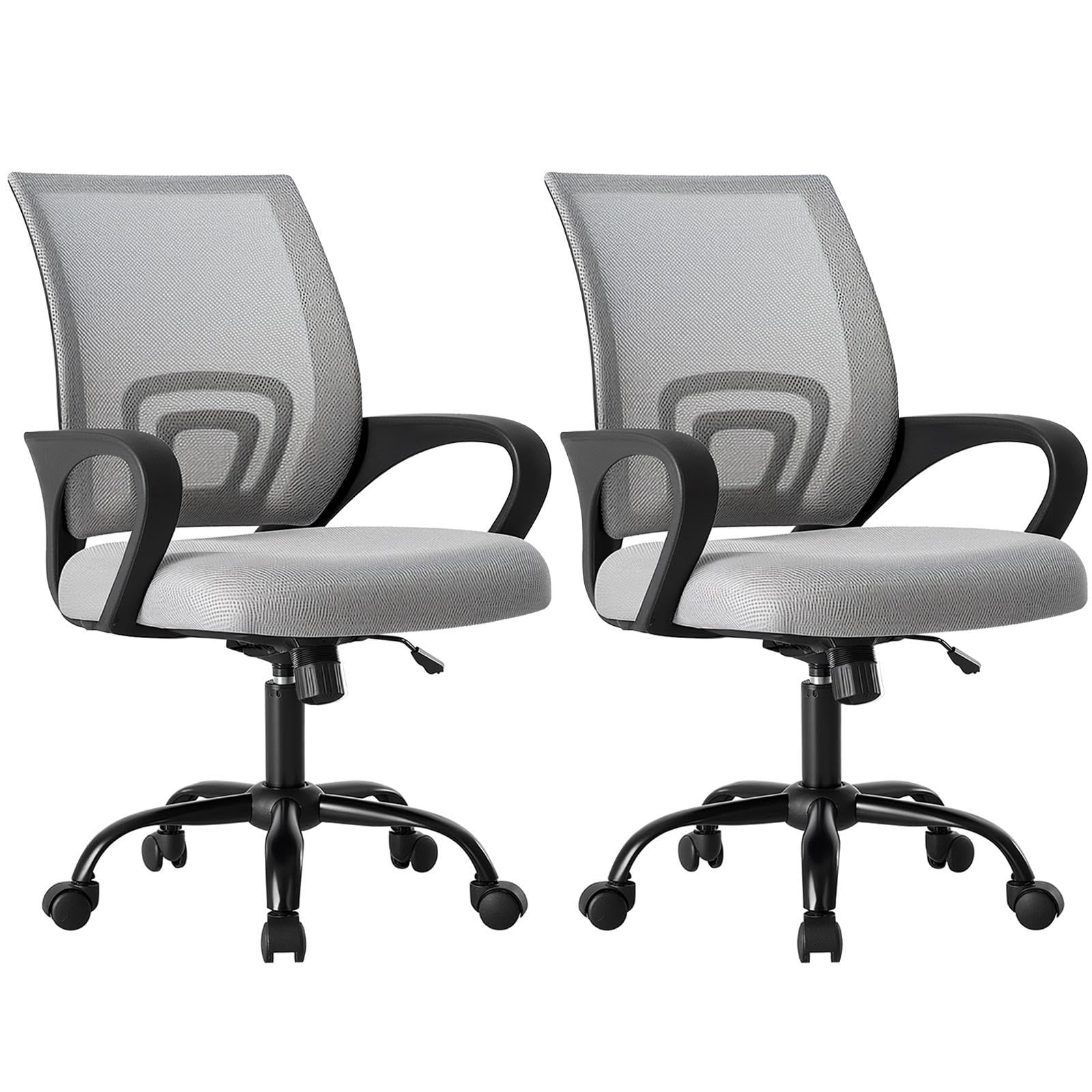 2 Pack, Office Desk Chair - Ergonomic Mid Back with Lumbar Support & Rocking Mode, Height Adjustable with Fixed Armrest, for Home, Computer, Gaming, Conference, Meeting Room, 360° Swivel, Grey,