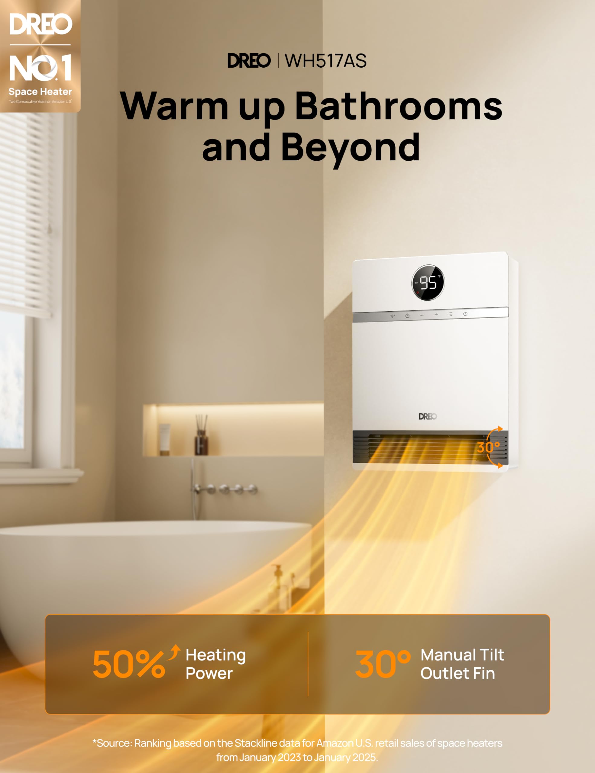 Smart Wall Heater, IP24 Electric Space Heater with ALCI Plug for Indoor Use, 30° Oscillation, Adjustable Thermostat, Remote Control, Works with Alexa, 24H Timer, Easy-mounted Heater for Bathroom