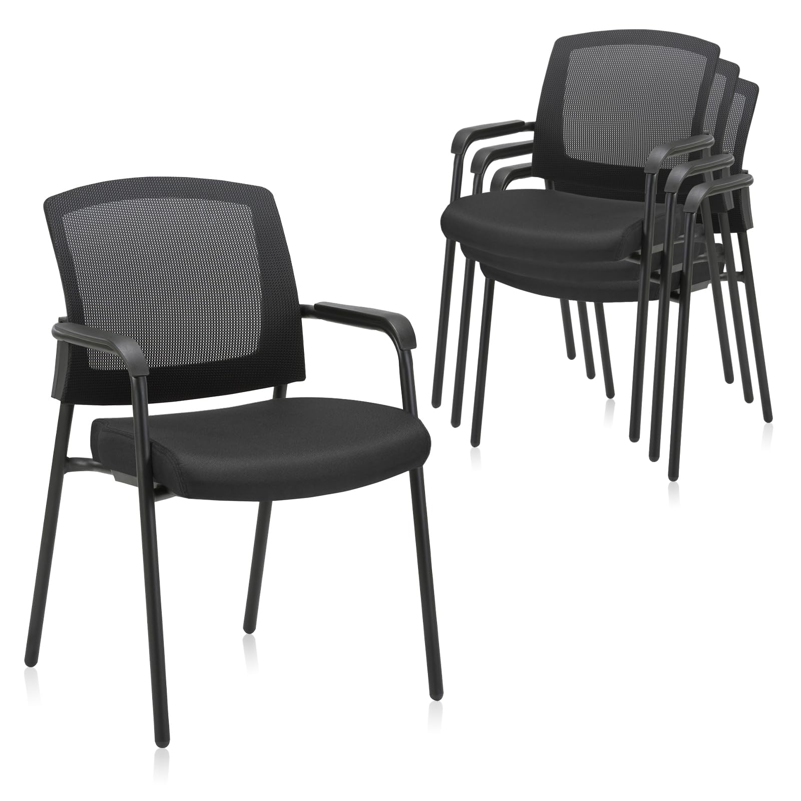 Office Reception Guest Chair Mesh Back Stacking with Ergonomic Lumbar Support and Thickened Seat Cushion for Waiting Conference Room Black 4 Pack