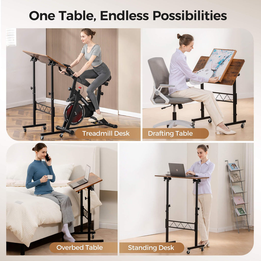 Standing Desk Adjustable Height & Tiltable Tabletop, Portable Stand Up Desk for Laptop, Mobile Folding Desk for Home Office Work and Walking Pad Treadmill, Height 30.7"-46.4", Brown