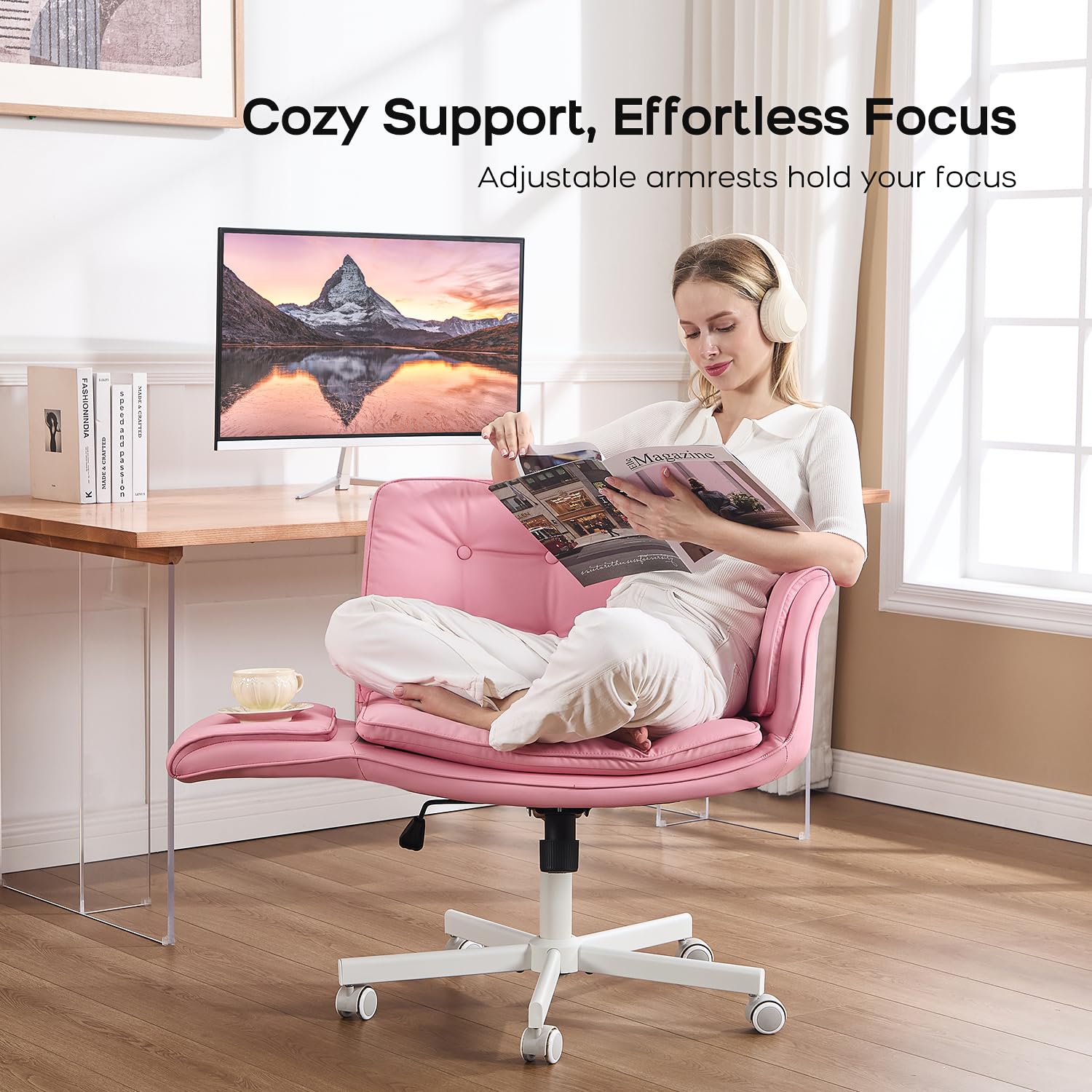 Criss Cross Office Chair, PU Leather Vanity Chair with 5-Level Adjustable Armrests & Swivel, Ergonomic Criss Cross Chair for Home Office Bedroom Makeup（Pink）