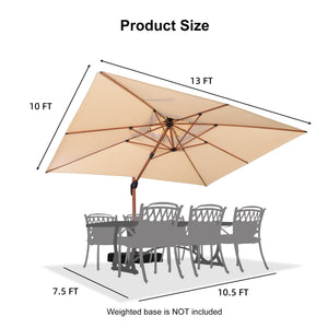 10' X 13' Double Top Deluxe Wood Pattern Rectangle Patio Umbrella Offset Hanging Umbrella Outdoor Market Umbrella Garden Umbrella, Beige