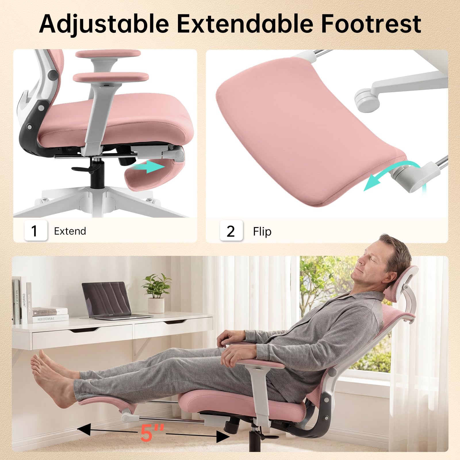 Foldable Office Chair with Foot Rest, Ergonomic Office Chair with Adjustable Lumbar Support, Headrest, Armrest, Home Office Desk Chair for Space Saving, Work from Home, Pink