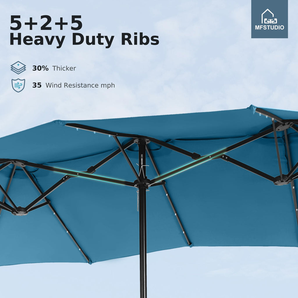 15ft Double Sided Patio Umbrella with Solar Lights, Outdoor Large Umbrellas with Crank Handle and 36 LED Lights, Rectangular Market Umbrella with Base Included for Deck Pool Shade, Cerulean
