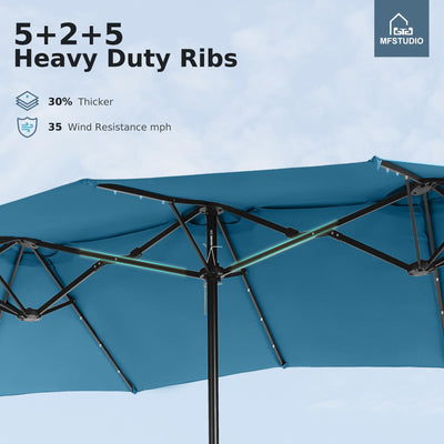 15ft Double Sided Patio Umbrella with Solar Lights, Outdoor Large Umbrellas with Crank Handle and 36 LED Lights, Rectangular Market Umbrella with Base Included for Deck Pool Shade, Cerulean