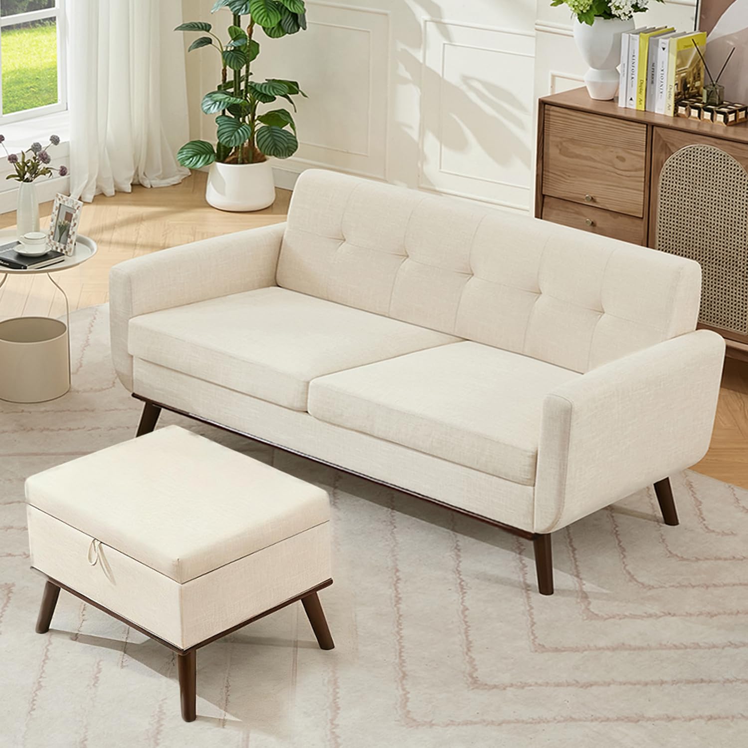 Living Room Furniture Sets, Standard & Ottoman, Mid Century Modern Decor Sofa Couches, Button Tufted Upholstered Furniture, Beige