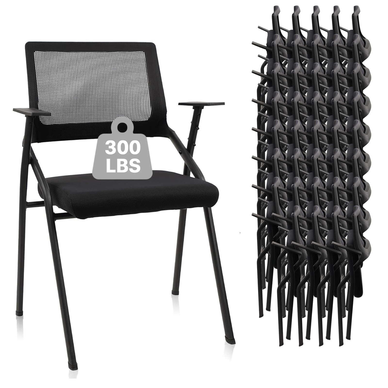 Black (40pk), Stackable & Foldable Office Chairs with Ergonomic Lumbar Support and Thickened Seat Cushion, Folding Mesh Fabric Reception Guest Chair for School Church Lobby Conference Room,