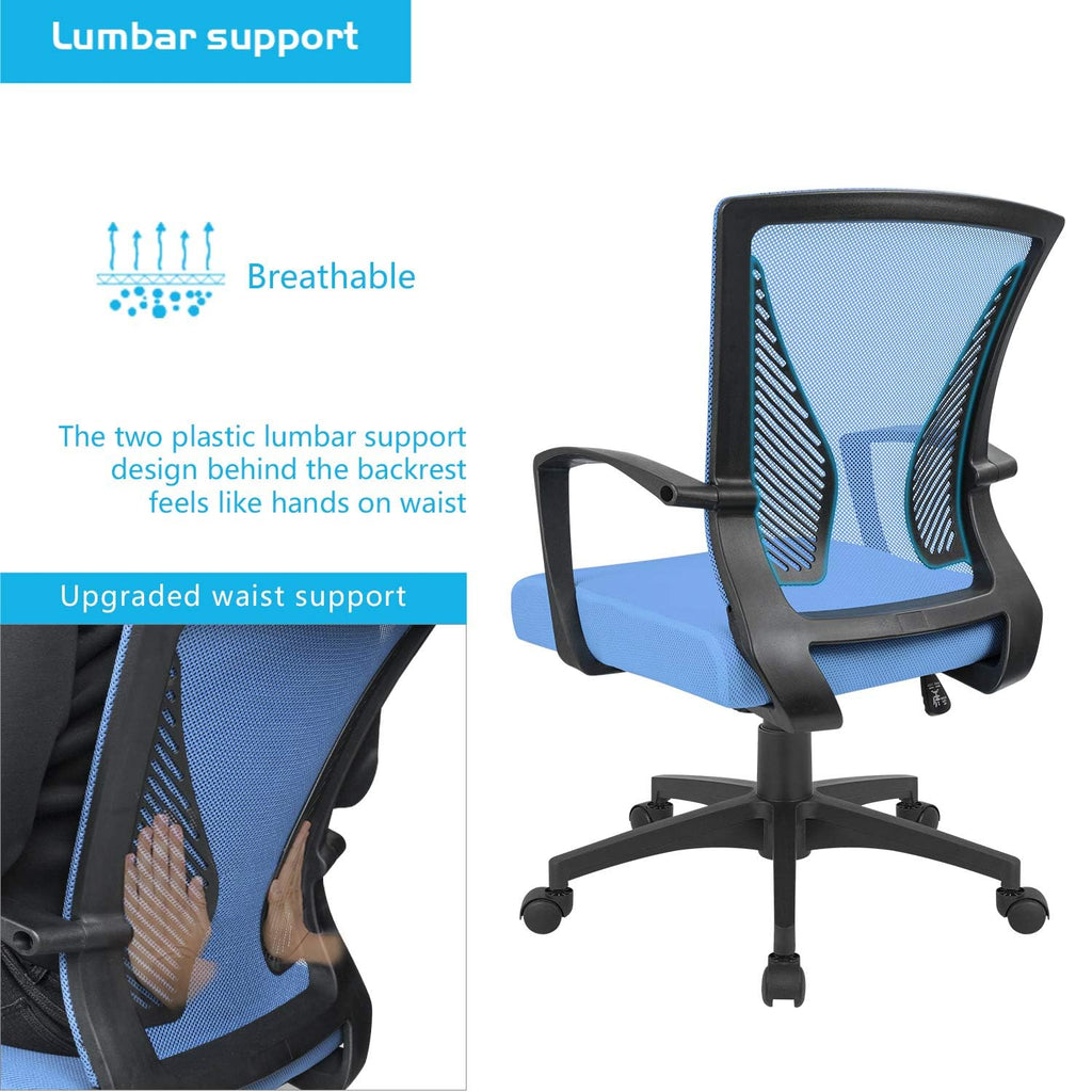 Office Chair Ergonomic Computer Desk Mesh Chair Mid Back Swivel Lumbar Support with Armrest (2, Blue)