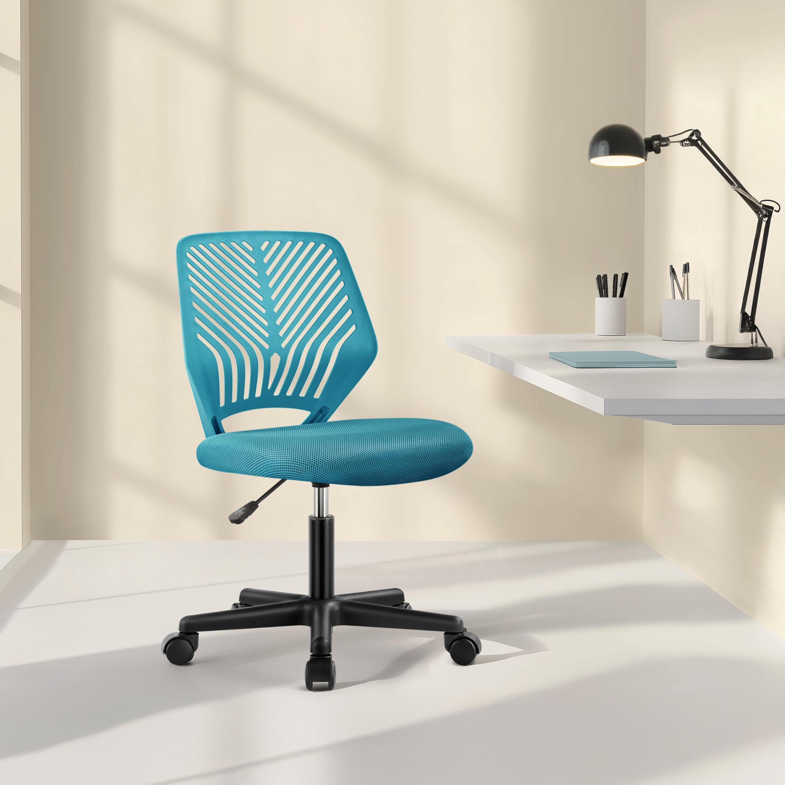 Kids Cute Office Chair Low-Back Armless Study Chair w/Lumbar Support Adjustable Height for Children in Bedroom School, Turquoise