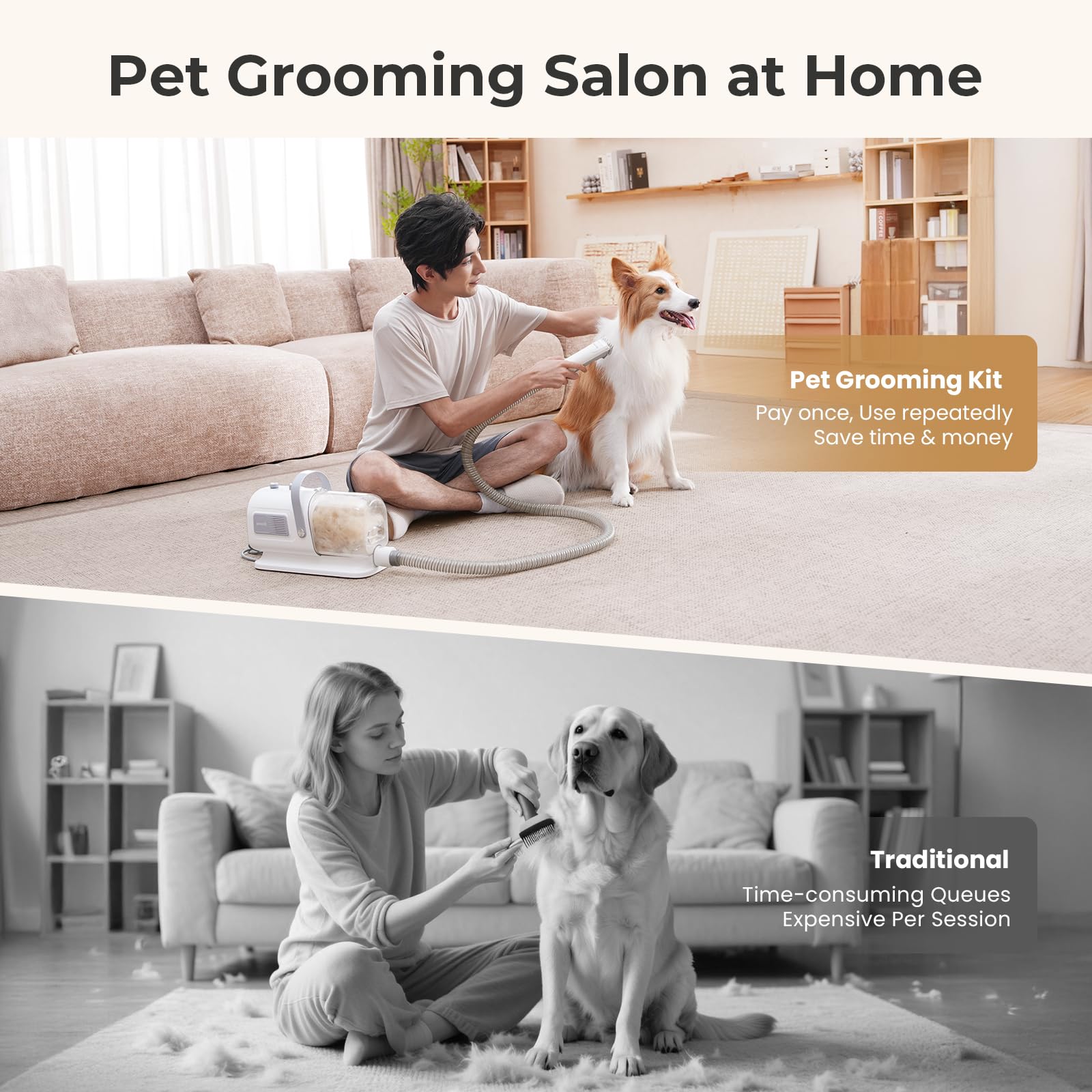 Dog Grooming Vacuum & Dryer, 7-in-1 Pet Grooming Kit with Clipper, 10000Pa Dog Vacuum for Shedding Grooming, Adjustable Speed & Temp, 55dB Low Noise,1.7L Dust Cup