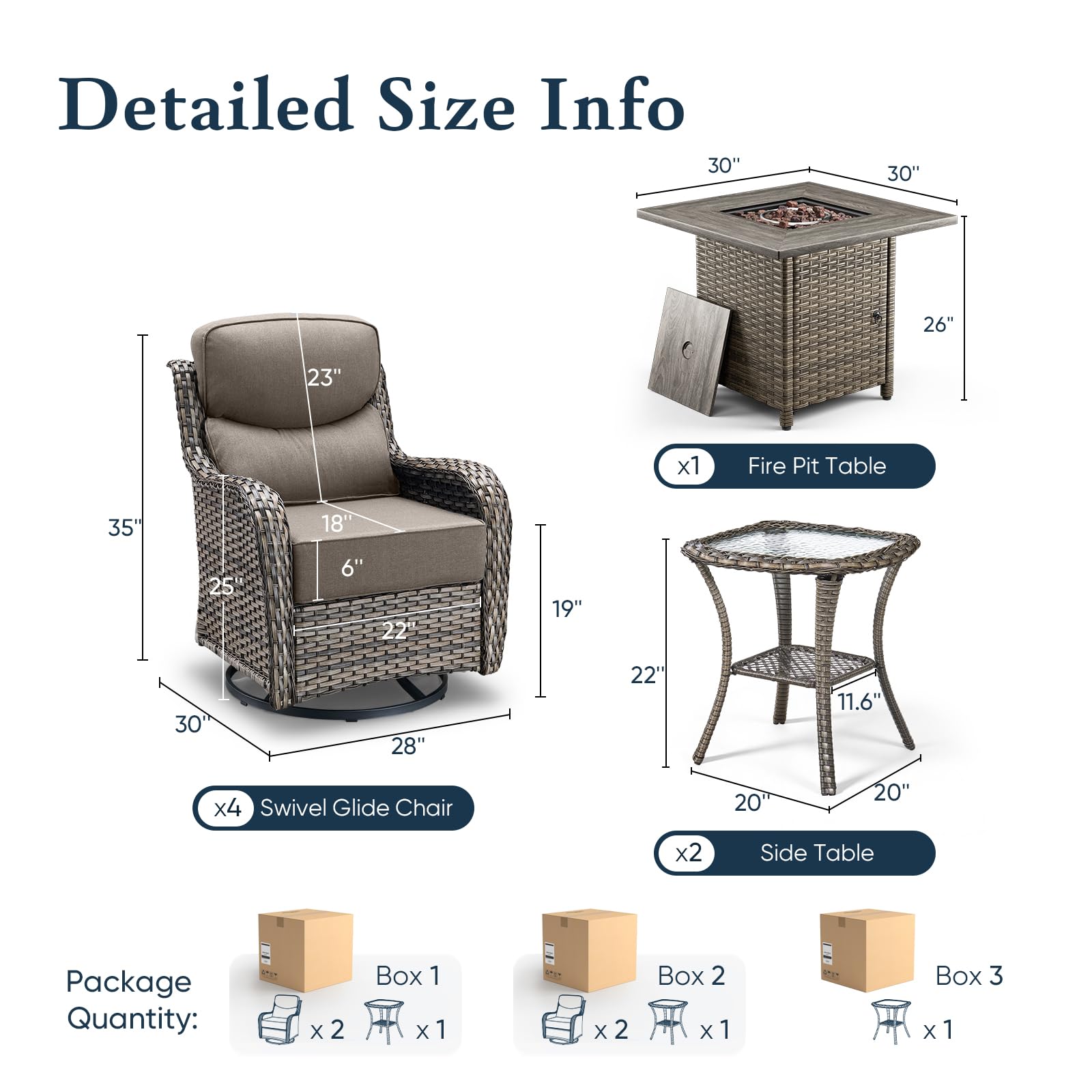Luxury 6" Thick Cushioned Outdoor Swivel Rocker Chairs Set of 4 with Fire Pit Table, High Back Wicker Patio Furniture Set with Ergonomic Zone Back, Conversation Set for Deck Porch - Grey+Grey